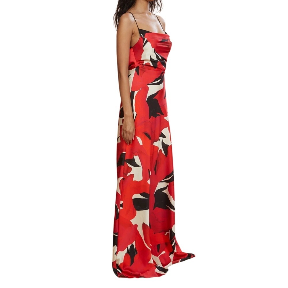 AMUR Alyina Floral Satin Evening Gown Red Black Maxi Dress Size 4